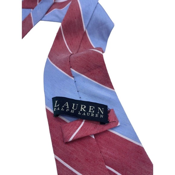 Ralph Lauren Tie Silk Slub Linen Blend Mens Light Blue Rose Red Dark Pink Stripe - Picture 9 of 12